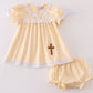 Beige easter cross french knot girl bloomer set