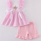 Pink seersucker cross floral embroidery set