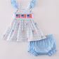 Blue flag embroidery smocked gingham bloomer set