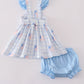 Blue flag embroidery smocked gingham bloomer set