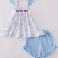 Blue flag embroidery smocked shorts set