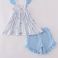 Blue flag embroidery smocked shorts set