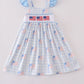 Blue flag embroidery smocked gingham dress