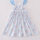 Blue flag embroidery smocked gingham dress