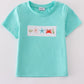 Blue marine creature embroidery smocked top