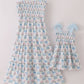 Blue hydrangea bow smocked mom&me dress