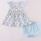 Blue hydrangea bow print ruffle bloomer set