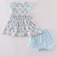 Blue hydrangea bow print ruffle bloomer set