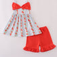 Apple print bow ruffle shorts set