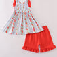 Apple print bow ruffle shorts set