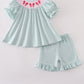 Blue bow pearl smocked ruffle shorts set