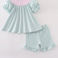 Blue bow pearl smocked ruffle shorts set