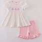 Pink whale embroidery smocked ruffle shorts set