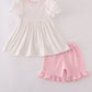 Pink whale embroidery smocked ruffle shorts set