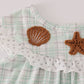 Green plaid sea shell french knot ruffle dress