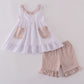 Brown white seersucker stripe ruffle shorts set