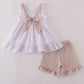 Brown white seersucker stripe ruffle shorts set