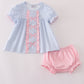Blue bow embroidery gingham ruffle bloomer set