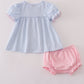 Blue bow embroidery gingham ruffle bloomer set