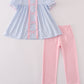 Blue bow embroidery gingham ruffle pants set