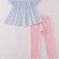 Blue bow embroidery gingham ruffle pants set