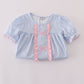 Blue bow embroidery gingham ruffle pants set