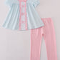Blue bow embroidery gingham ruffle pants set