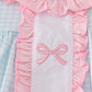 Blue bow embroidery gingham ruffle pants set