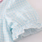 Blue bow embroidery gingham ruffle pants set