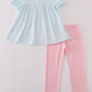 Blue bow embroidery gingham ruffle pants set