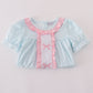 Blue bow embroidery gingham ruffle pants set