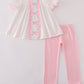 Pink bow embroidery dot ruffle pants set