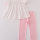 Pink bow embroidery dot ruffle pants set