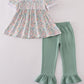 Green floral pumpkin embroidery smocked ruffle pants set