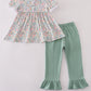 Green floral pumpkin embroidery smocked ruffle pants set