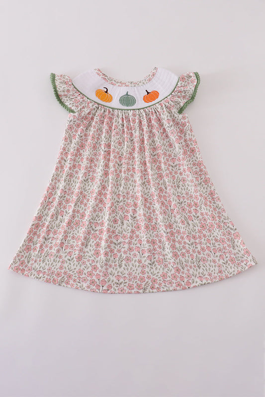 Pink pumpkin smocked floral ruffle pants set