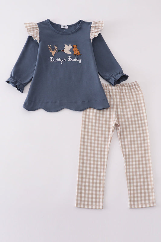 Navy hunting embroidery ruffle pants set
