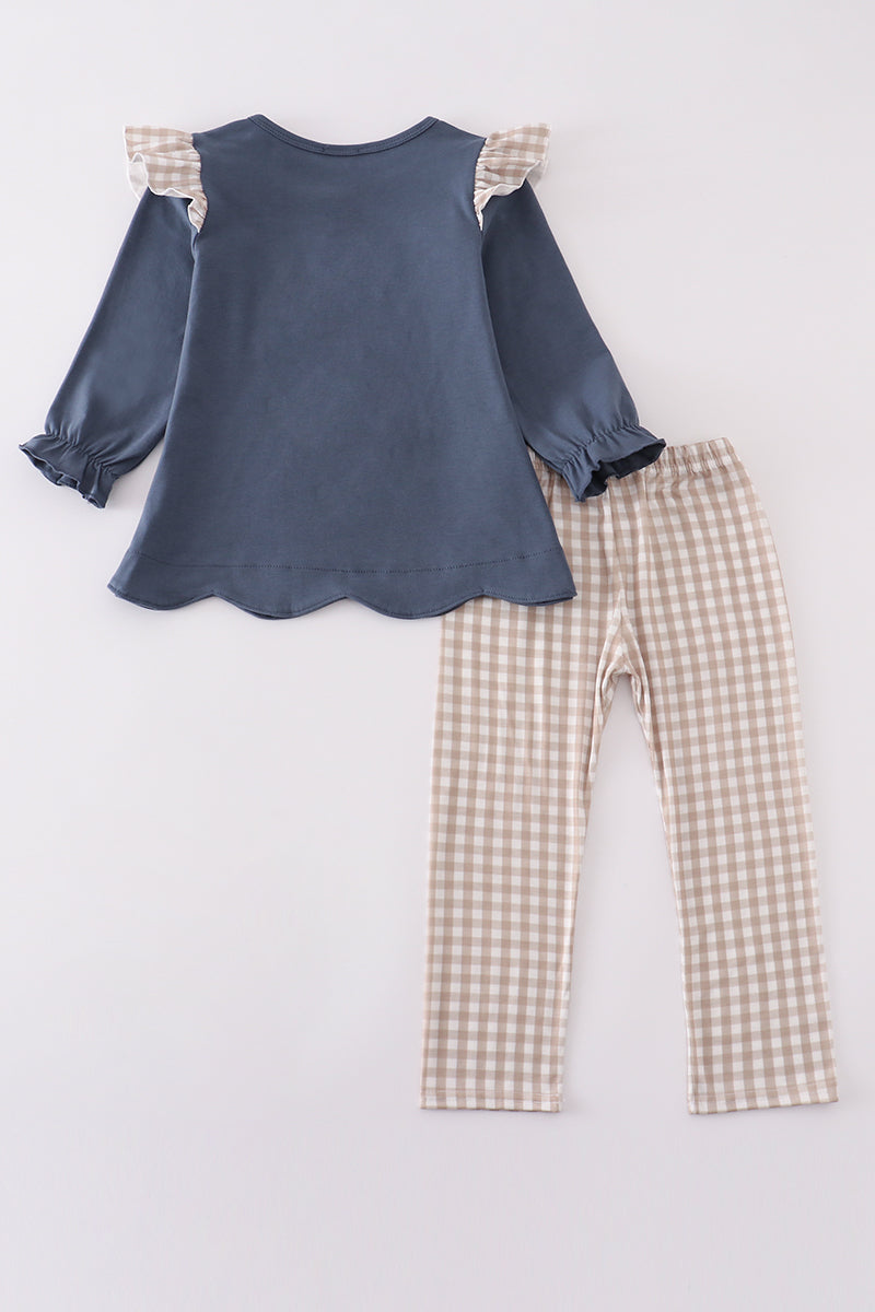 Navy hunting embroidery ruffle pants set
