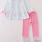 Pink character embroidery ruffle pants set