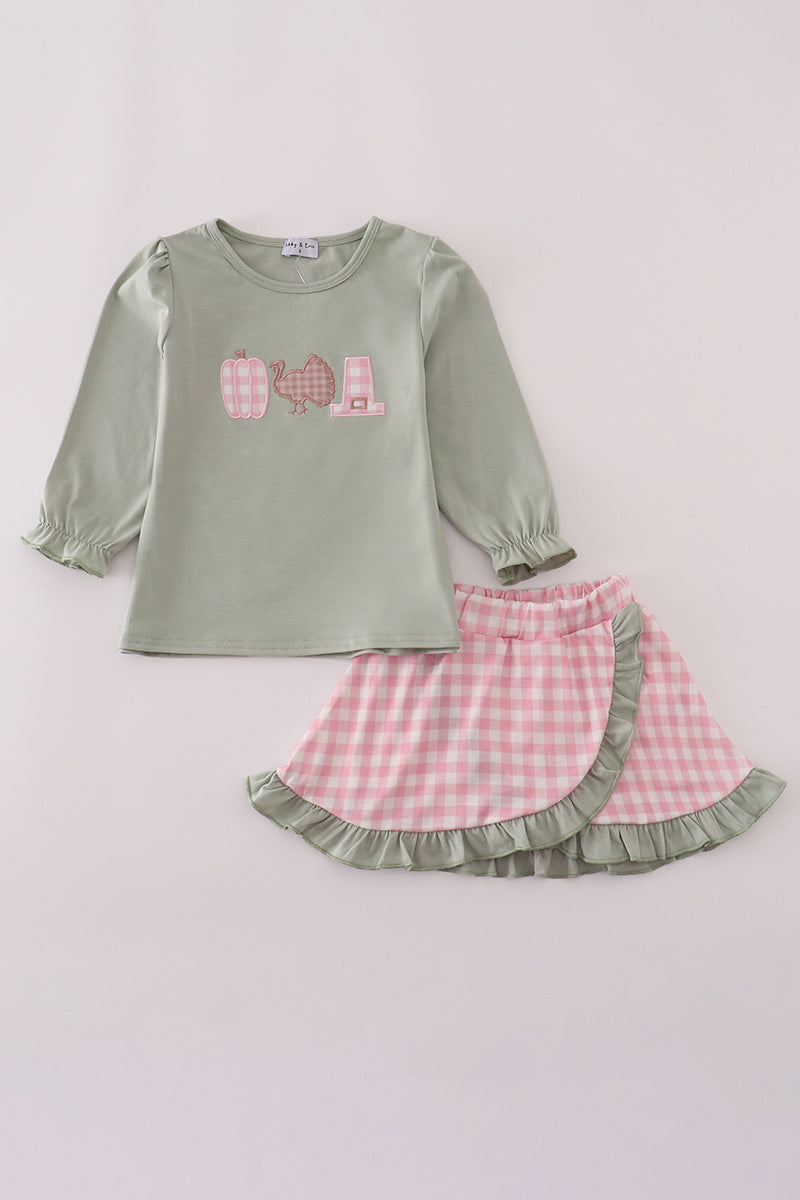 Sage pumpkin turkey applique skorts set