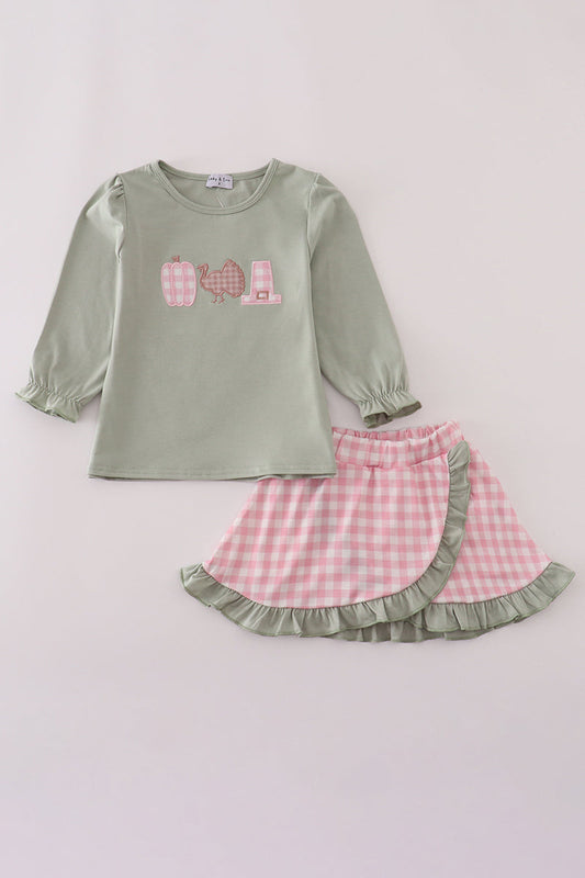 Sage pumpkin turkey applique skorts set