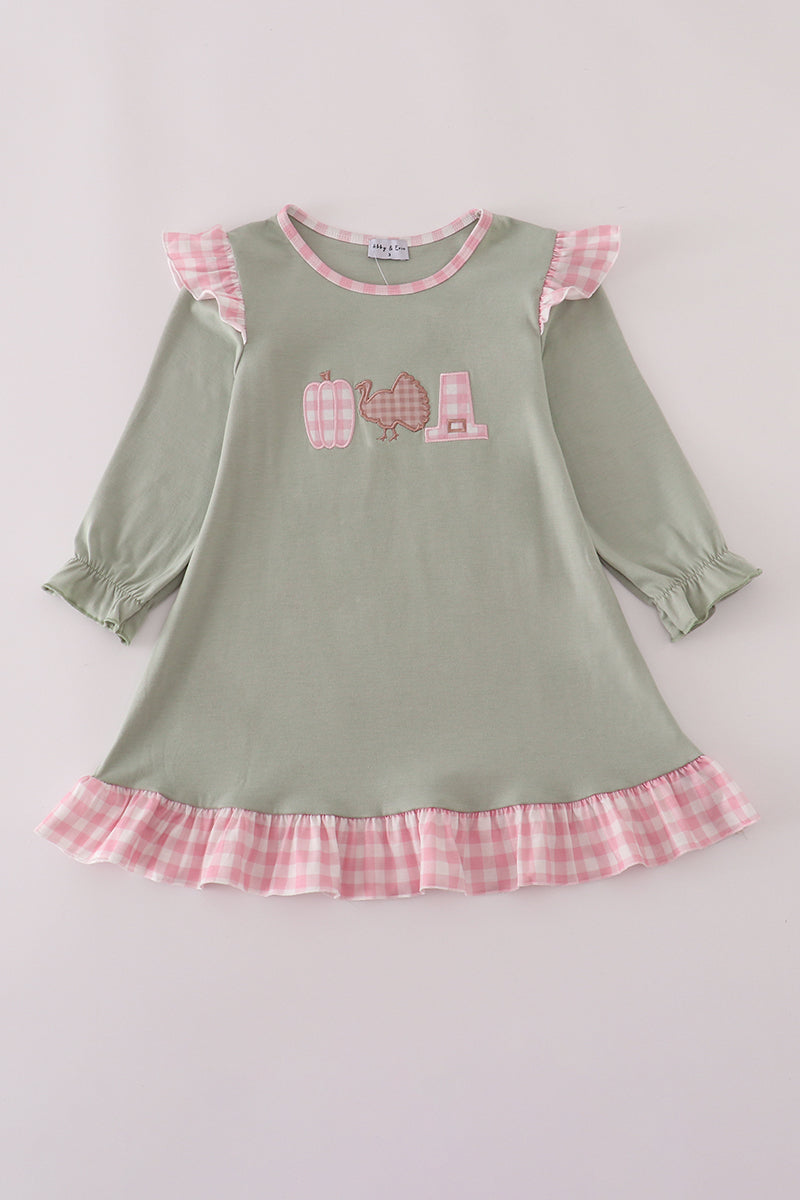 Sage pumpkin turkey applique ruffle dress