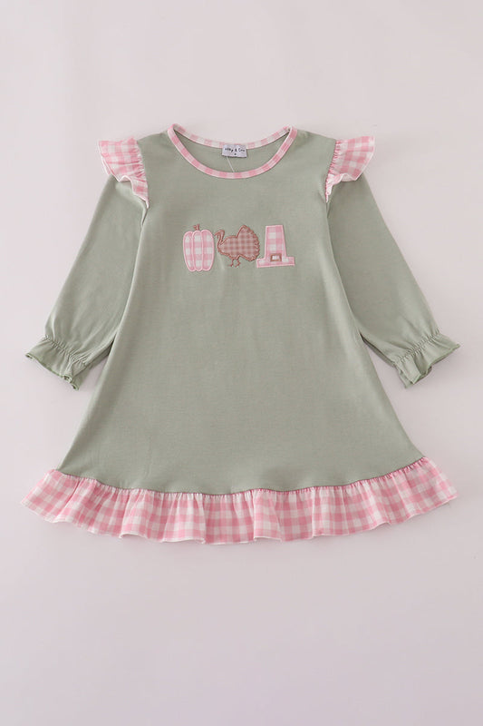 Sage pumpkin turkey applique ruffle dress