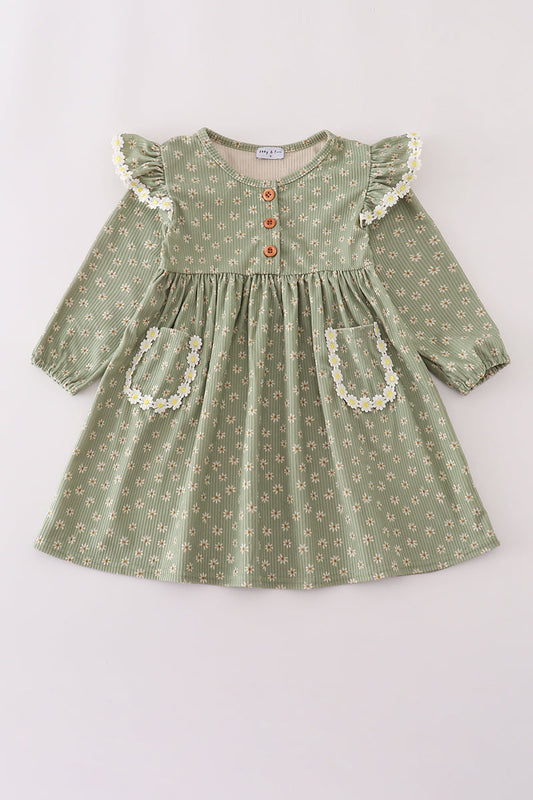 Green corduroy floral lace ruffle dress