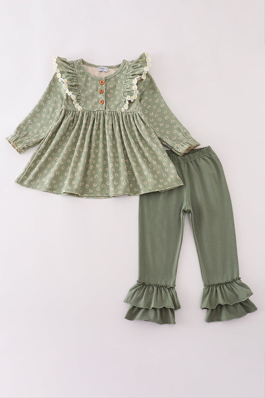 Green corduroy floral lace ruffle pants set