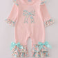 Pink floral print bow applique ruffle romper