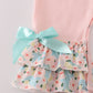 Pink floral print bow applique ruffle romper