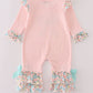 Pink floral print bow applique ruffle romper