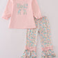 Pink floral print bow applique ruffle romper