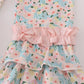Pink floral print bow applique ruffle romper